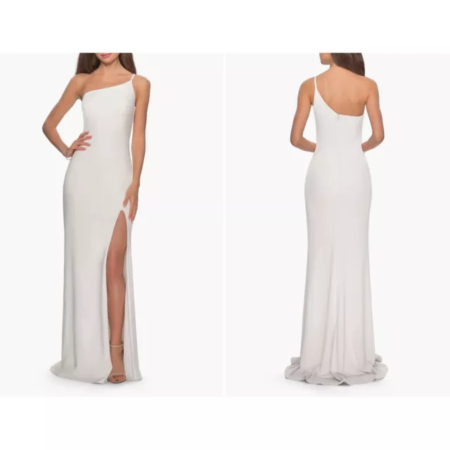 New La Femme Size 2 One-Shoulder Jersey Gown white 28176 *Stain*