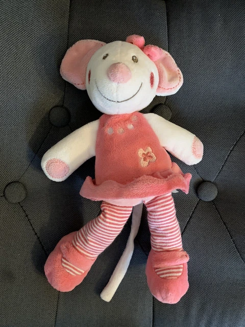 Doudou Peluche Nicotoy Souris Robe Rose Blanc Patte Rayee Fleur Noeud Tbe