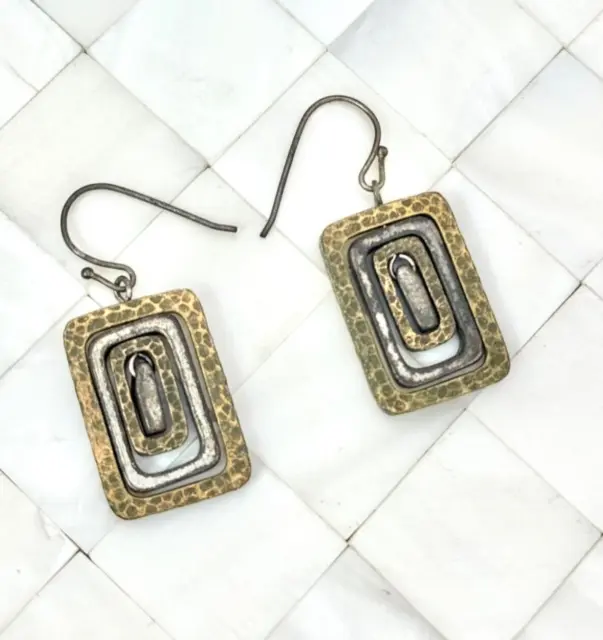 Antiqued Brass & Silver Tone Dangle Drop Earrings The Vintage Strand Lot #3995