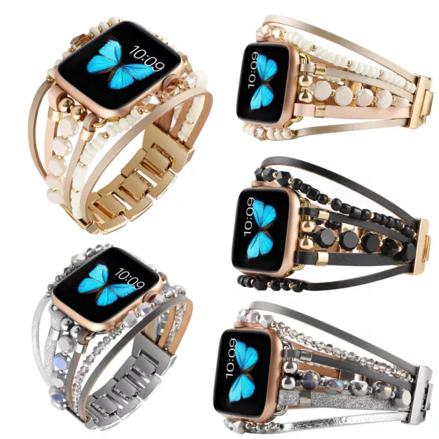 Women Bead Bangle Strap For Apple Watch Series 8 7 6 5 4 3 2 Retro Leather Band