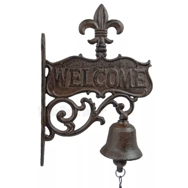 Large Welcome Dinner Bell Cast Iron Fleur De Lis Scrolls Wall Mounted Victorian