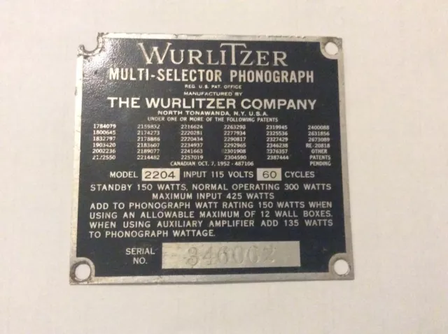Wurlitzer 2204 jukebox I.D Tag