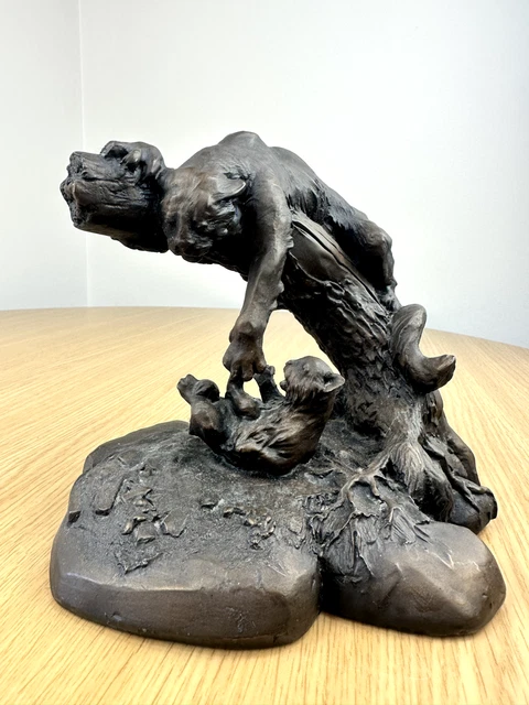 1984 National Wildlife "PUMA AND CUB" by Chapel Cold Cast Bronze Wolves Statue