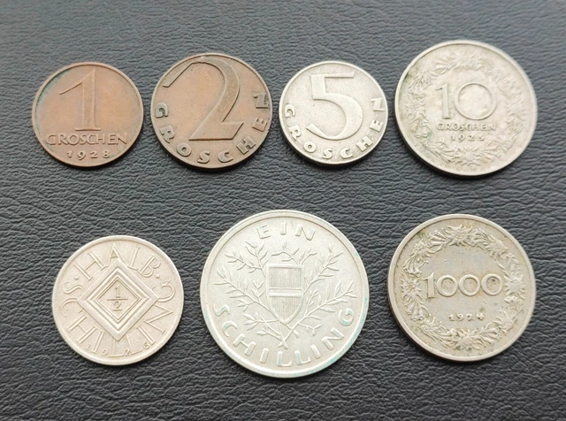 Austria 1000 Cronen & 1-2-5-10 Groschen & 0.5-1 Schilling 1924-1931 Lot 7 Coins