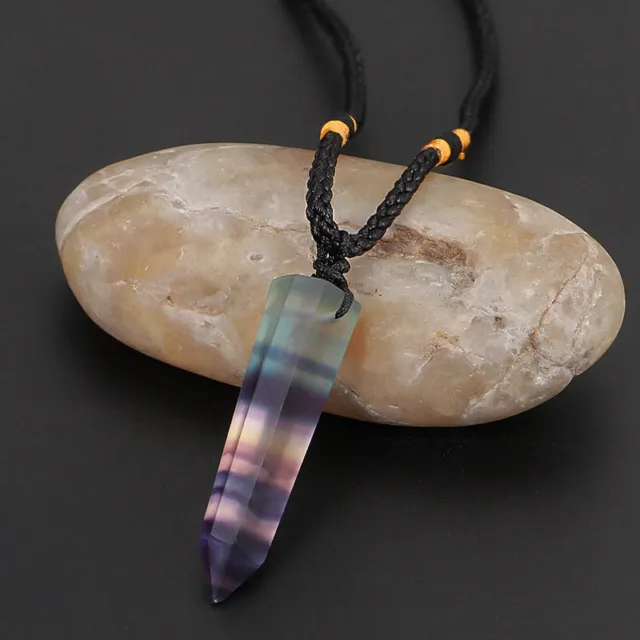 Raw Natural Colorful Fluorite Stone Pendant Healing Quartz Crystal Wand Necklace 3
