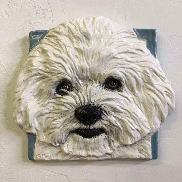 Bichon Frise Ceramic 3D Dog Portrait Tile Handmade by Sondra Alexander Art