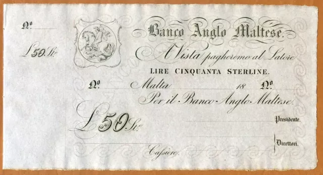 Malta, Banco Anglo Maltese £50 Sterling, 18xx (ca 1880 issue) P-S116 UNC Rare