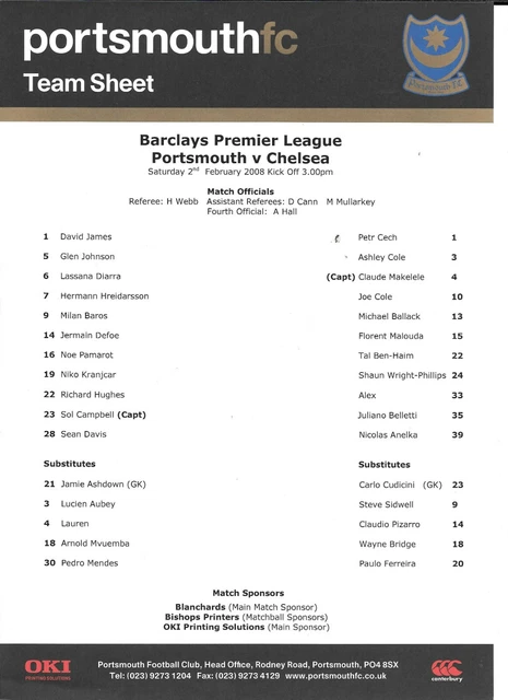 TEAMSHEET - PORTSMOUTH v Chelsea 2007/08 £1.17 - PicClick UK