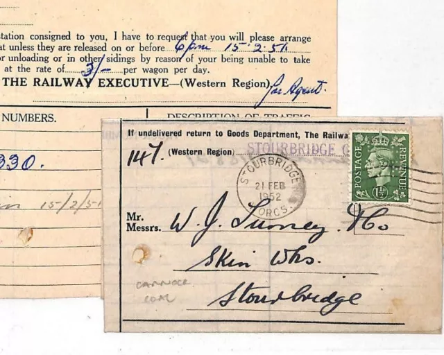 GB WORCS RAILWAY *Official Perfin* Stourbridge Goods Station 1951 Covers{2} LL91