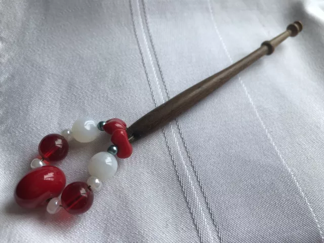 Lace Bobbin Wooden Wood Red White Glass Beaded Spangle