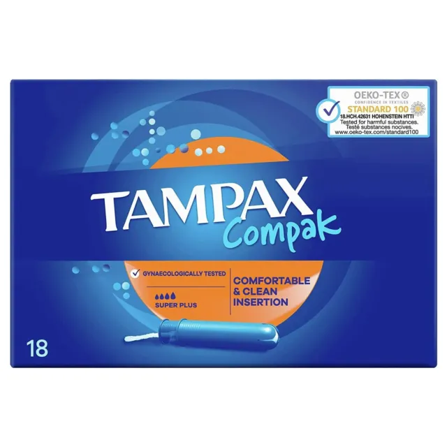 Tampax Compak Super Plus para mujer tampones con aplicador, paquete de 18 protección contra fugas