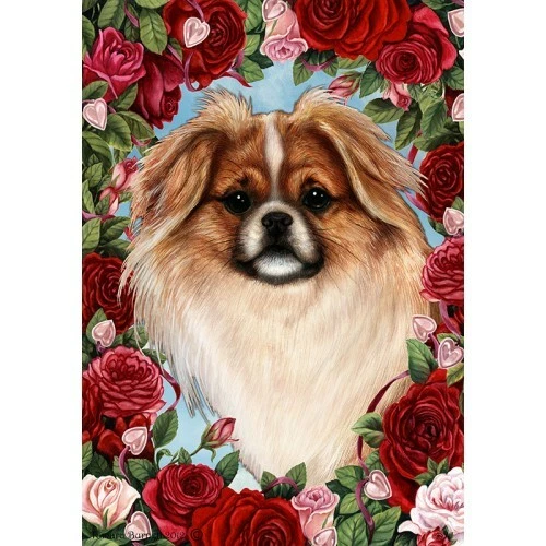 Roses House Flag - Red and White Sable Tibetan Spaniel 19476