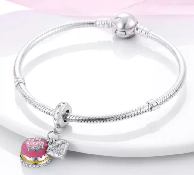 Happy Birthday Cake Dangle Charm For European Bracelets S925 Sterling Silver 2