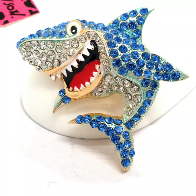 Cute Blue Rhinestone Shark Animal Crystal Fashion Women Charm Brooch Pin