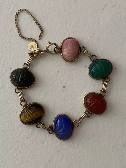 Vintage Scarab Bracelet 12kt Curtis Creations Gold Filled SIX Stones stone 7"