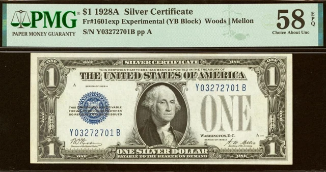 1928A $1 Silver Certificate PMG 58EPQ Experimental YB Block Fr 1601exp