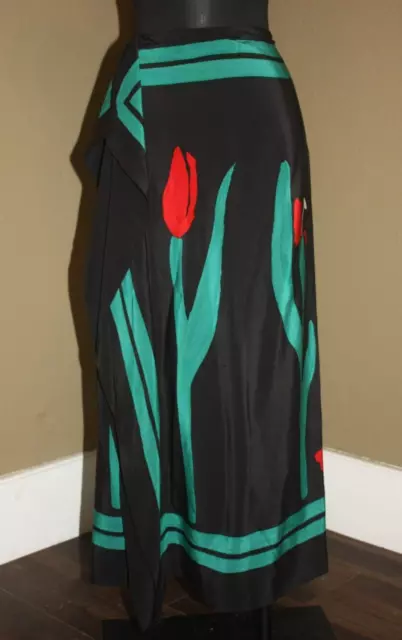 Marni Made In Italy Tulip Design Black Background Silk Long Skirt - Eu 42 Medium