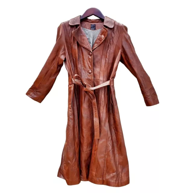 VINTAGE BROWN LEATHER Midi Coat Duster Trench 70s Distressed Womens 12 ...