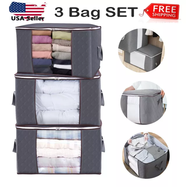 3 PCS Large Foldable Storage Bag Clothes Blanket Quilt Closet Organizer Box