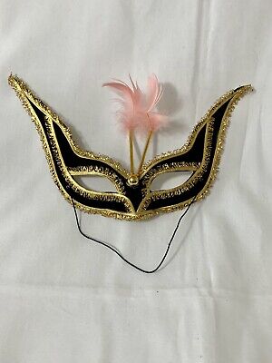 Masquerade Ball Eye Mask Black Gold Pink Feathers Made In Italy Mardi-Gras