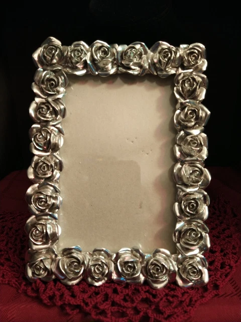 Vintage Silvertone 3D Metal Roses Picture Frame 5X7" Gorgeous
