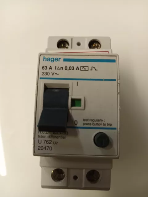 HAGER 63 AMP 30mA DOUBLE POLE RCD TYPE AC U762 U2 20470