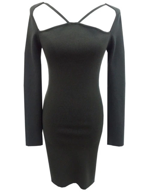 Traforato Manica Lunga Maglione Maglia Mini Abito Croce Spento Spalla Vita Alta