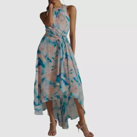 $625 Shoshanna Women's Blue Macie Brushstroke-Print High Low Gown Dress Size 2