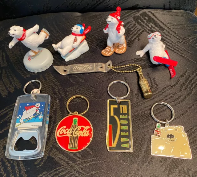 Vintage lot of 5 Coca-Cola Key Chains/Openers + 4 Polar Bear Figurines 1990's