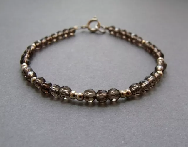 Smokey Quartz  Dainty Stack 7 Ins Sterling Silver Bracelet -Free Uk Postage