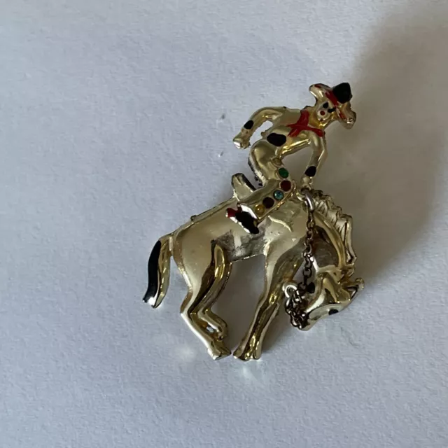 VTG Metal Bucking Bronco Rodeo Cowboy Horse Spring Chasing Pin Rhinestone Enamel