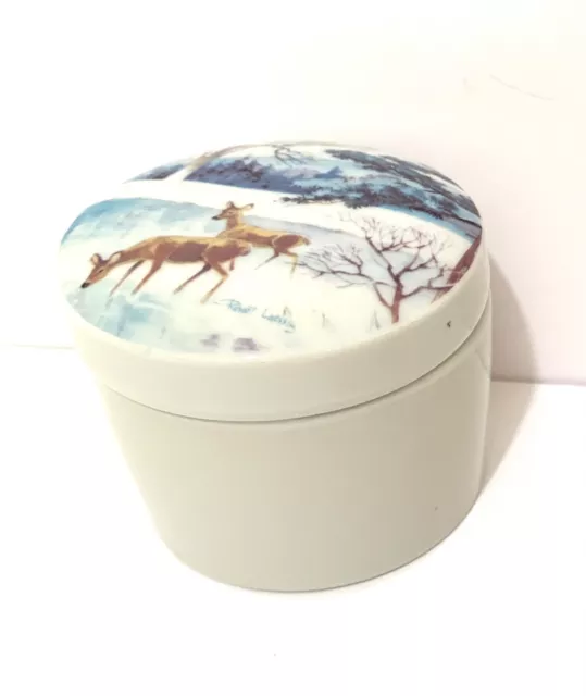 Robert Laessig Artist Signed Ceramic Trinket Box Deer Snow Winter Round Vintage