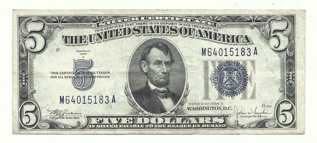 1934C $5 BLUE Seal SILVER Certificate! Old US Paper Money Currency! 2