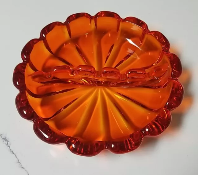 Vintage 6 1/2" Viking Art Glass Flower Ashtray Heavy MCM Amber Orange Persimmon