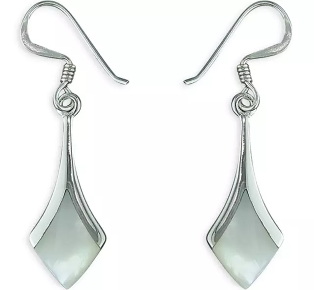 Silver Drop Earrings Mother of Pearl 925 Sterling Silver Art Deco Style Hook MOP