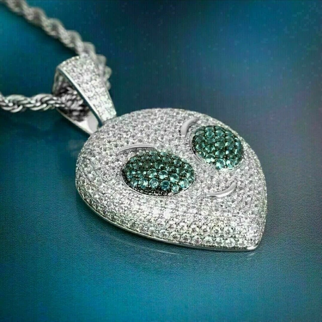 3 Ct Round Cut Simulated Diamond Men's Alien Head Pendant White Gold Plated Fn