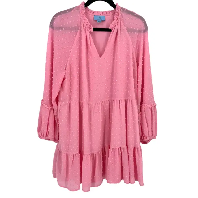 CeCe Clip Dot Babydoll Dress Womens Size Large Peony Pink Long Sleeves