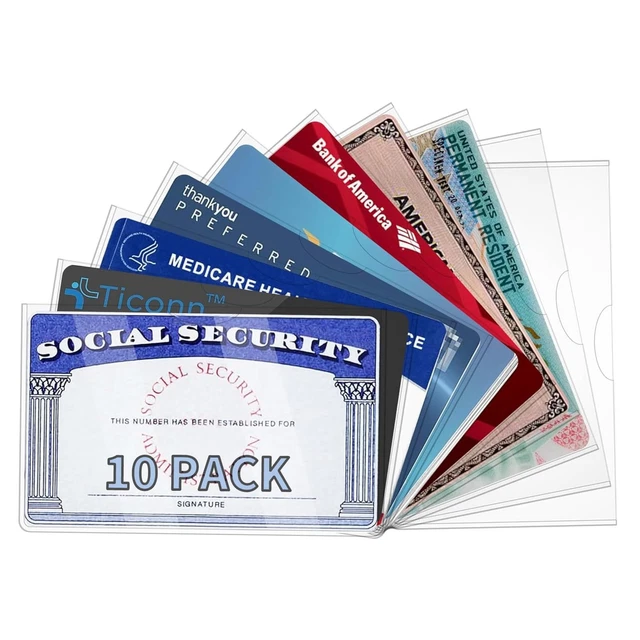 social security card sleeve Amazon.com: 10 Pack Social Security Card Protector/Medicare Card Protector  Sleeve/Social Security Card Holder/Credit Card Sleeves/Protective case for  Drivers License、Credit Card 、SSN Card，3.8x2.32in., Clear : Clothing, Shoes  & Jewelry main image 0