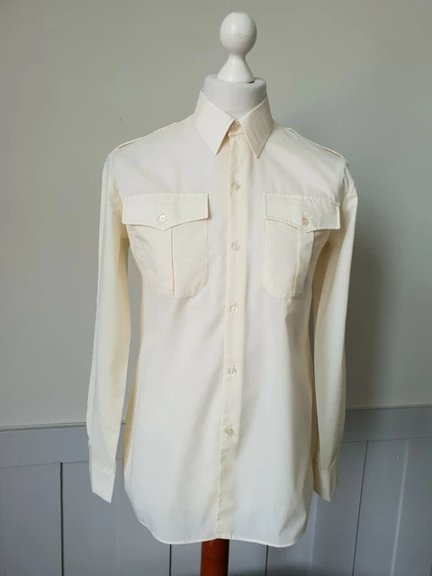 Camicia pilota a polsino singolo vintage anni '80 in policotone beige *15/M* TJ34