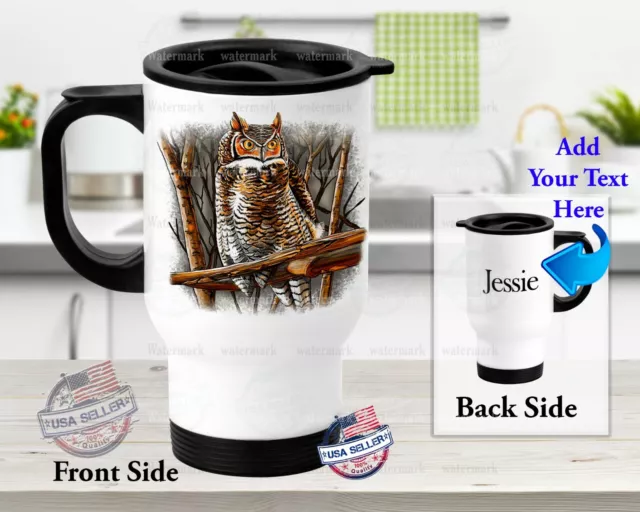 Personalized Stainless Steel Tumbler 14oz Travel Mug Falconry Owl Perch / Name