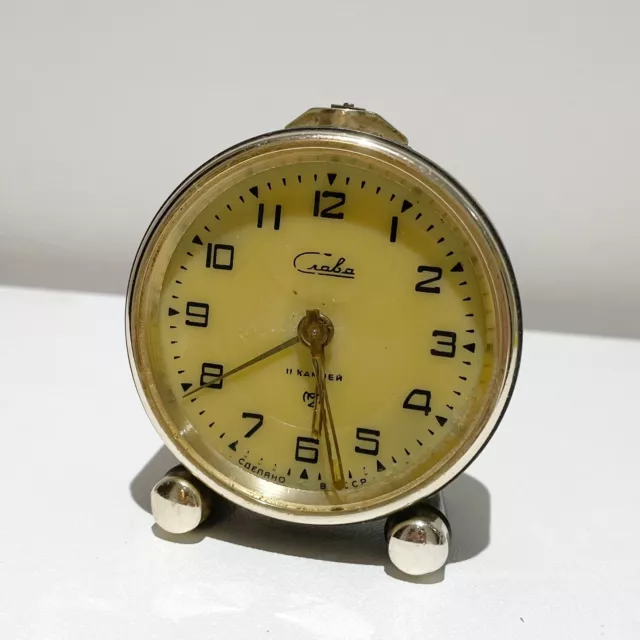 Vintage Slava USSR mechanical Alarm Clock 11 Jewels Working For Repair