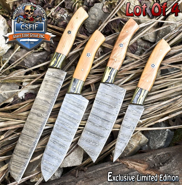 CSFIF Hand Forged Chef Knife Damascus Ash Wood Wooden Bolster Lot of 4 Gift