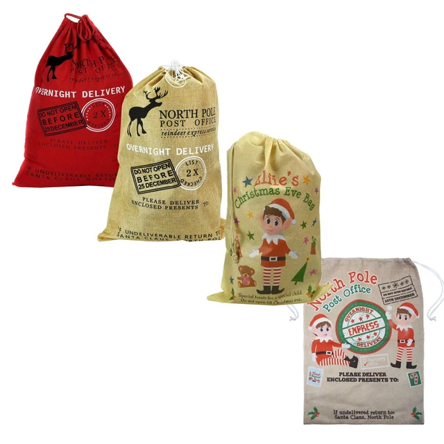 Vintage Christmas Jute Sack Rustic Hessian Santa Elf Design Stocking Gift Bag