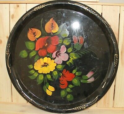 Vintage Russian hand painted floral metal round tole tray