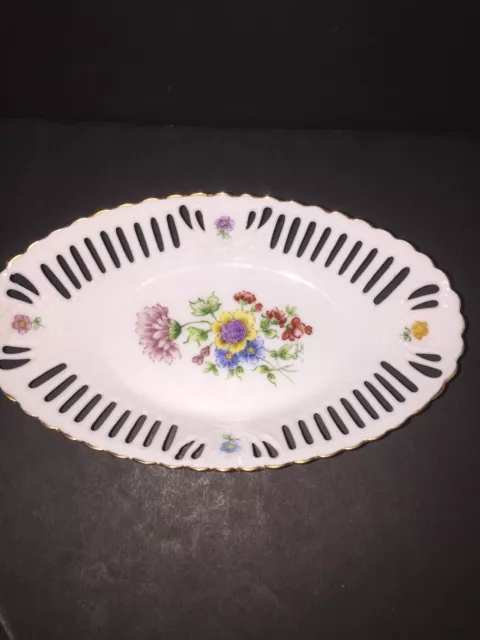 Reticulated Porcelain Candy/Trinket Oval Dish With Flowers And Gold Trim