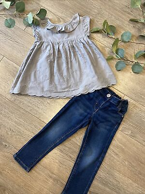 NEXT girls Pretty Grey Embroidered Smock Top And Jeans Outfit Age 2-3