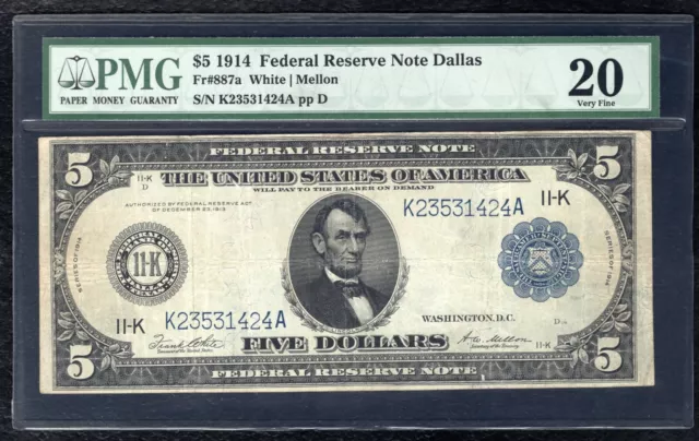 FR. 887a 1914 $5 FIVE DOLLARS FRN FEDERAL RESERVE NOTE DALLAS, TX PMG VF-20