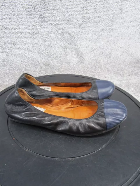 Lanvin Flats Womens Size 38 Eu 7.5 Us Blue Black Leather Scrunchy Ballet