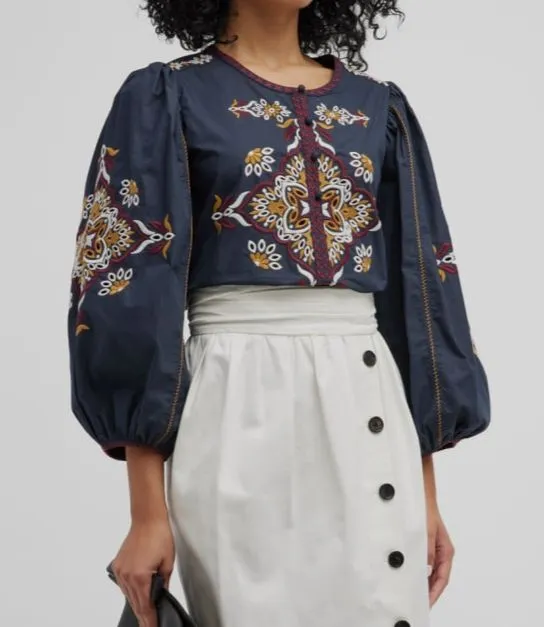 $375 Figue Women's Blue Keira Embroidered Puff-Sleeve Cotton Top Size XS