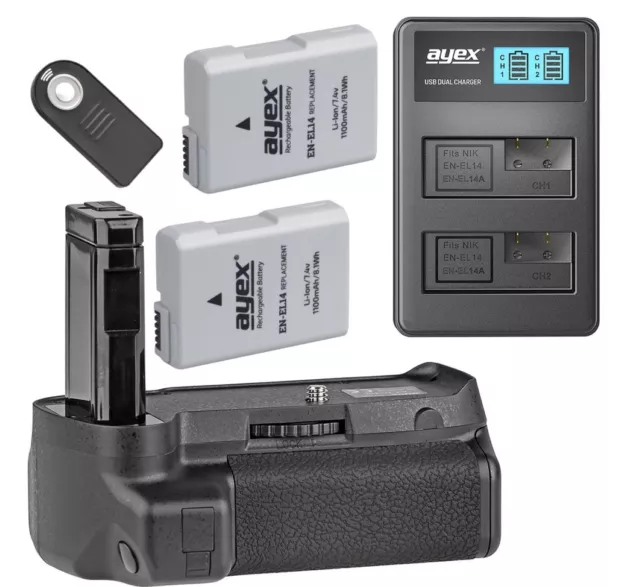 ayex Akkugriff für Nikon D3400 + Fernauslöser + USB Dual Ladegerät + 2x EN-EL14